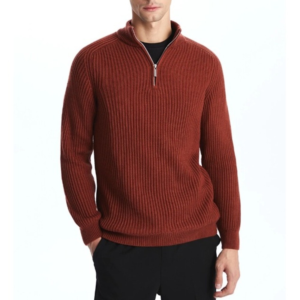 NWT Lands' End Men's M Drifter Quarter Zip Sweater Rust Red Cotton